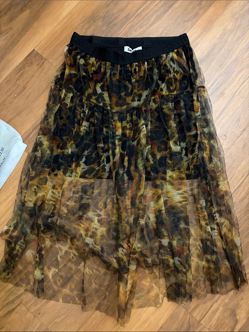 DKNY Olive, Black & Brown Printed Tiered Mesh Skirt